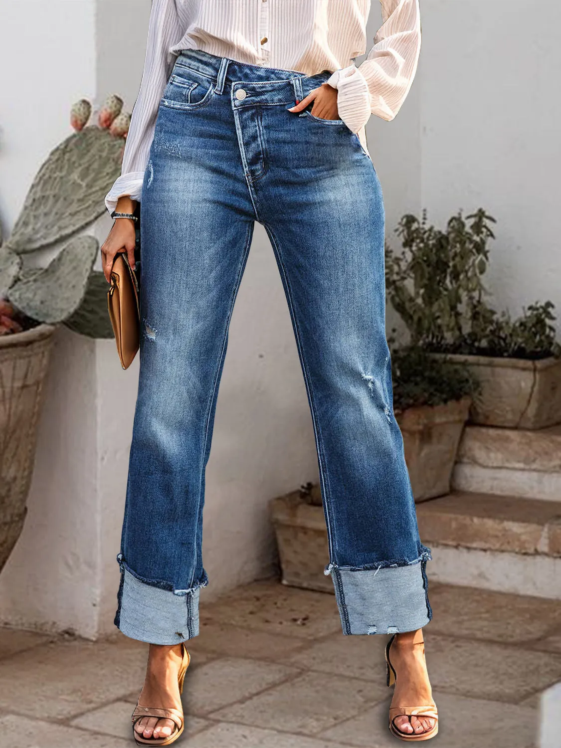 Raw Hem Cuffed Straight Jeans