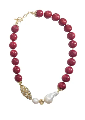 Red Bamboo Corals With Baroque Pearls Statement Necklace CN007