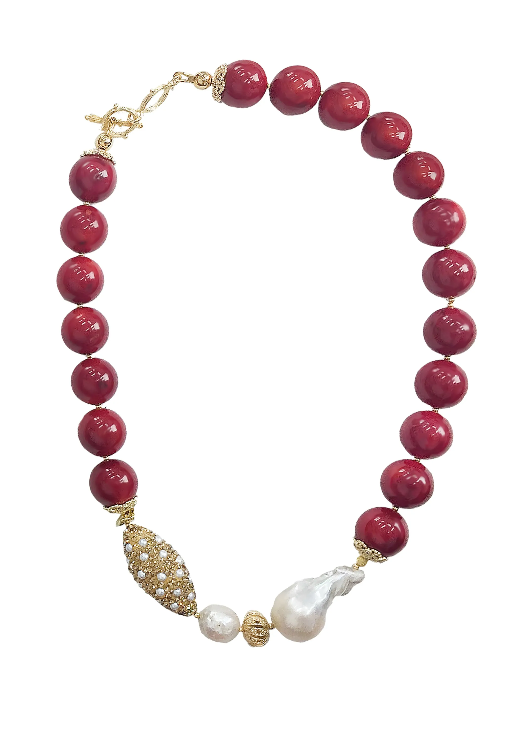 Red Bamboo Corals With Baroque Pearls Statement Necklace CN007