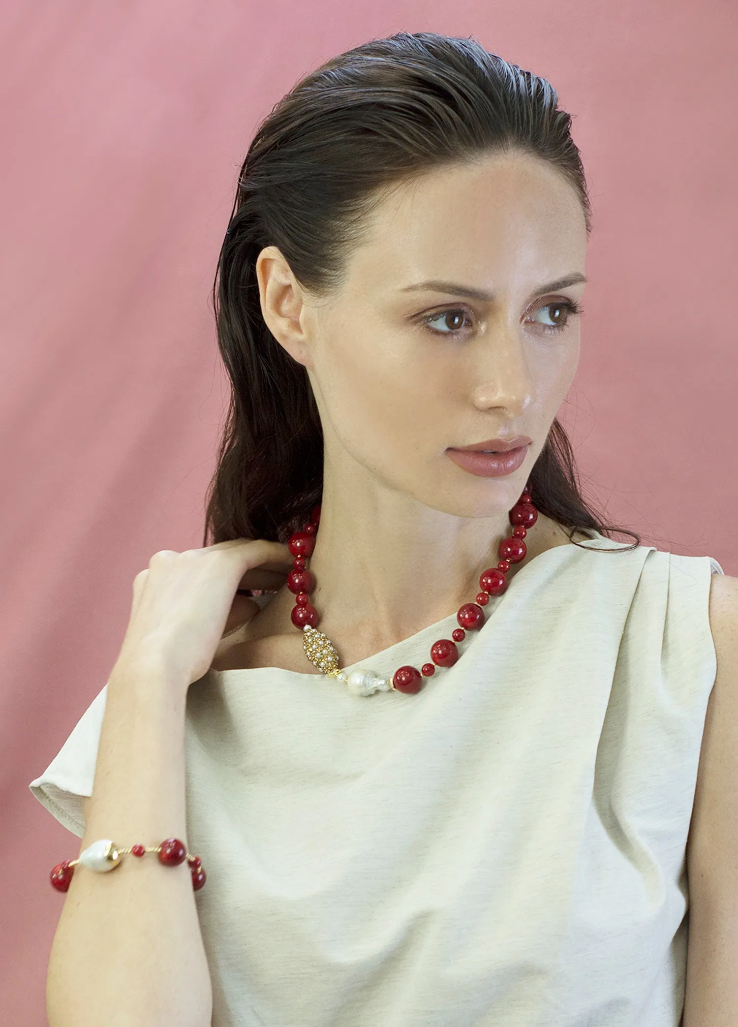 Red Bamboo Corals With Baroque Pearls Statement Necklace CN007