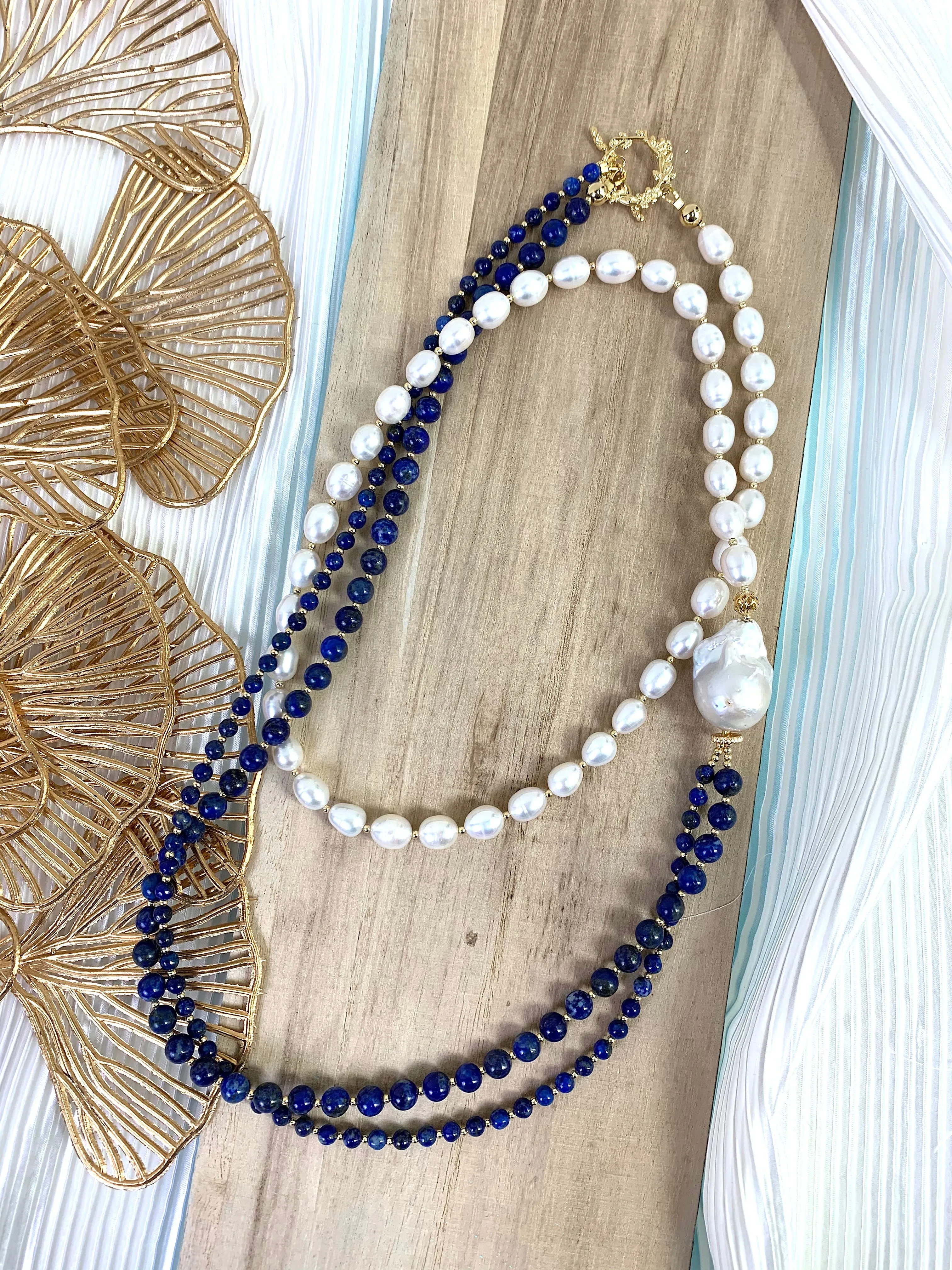 Round Lapis With Freshwater Pearls Multi-ways Long Necklace EN017