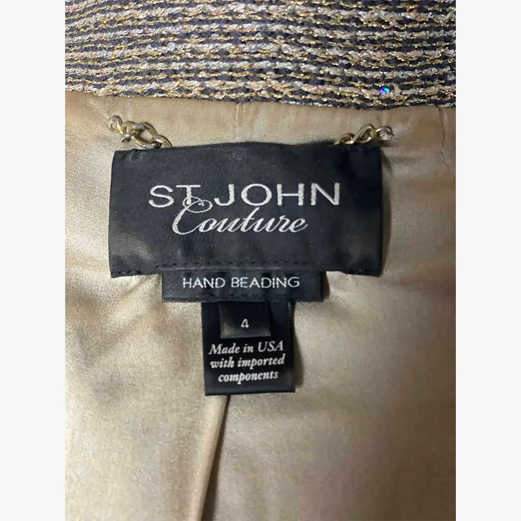 ST. JOHN COUTURE Long Silver Coat with Bead Details | Size US 4