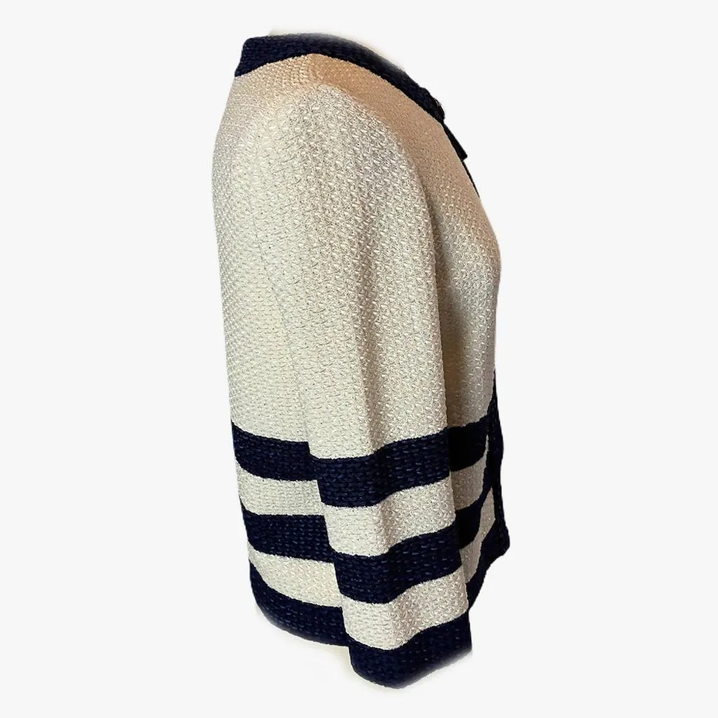 ST. JOHN Cream and Navy Stripe Jacket with Flower Detail | Size US 4