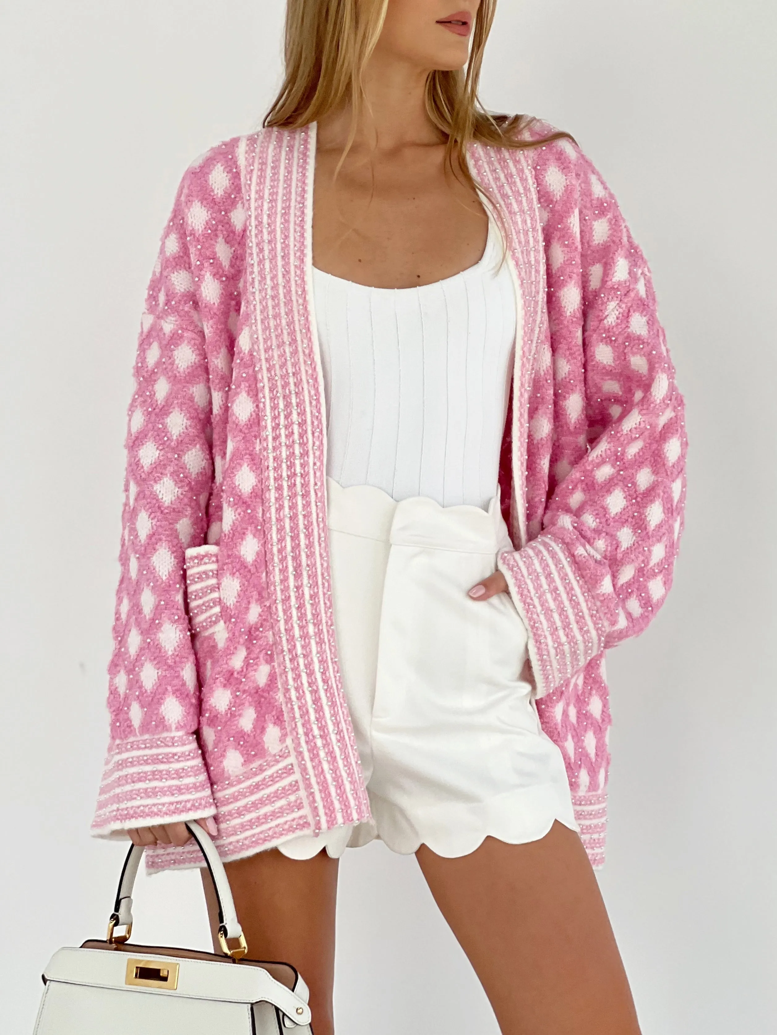 Tarryn Premium Pearl Trim Cardigan | Pink & White