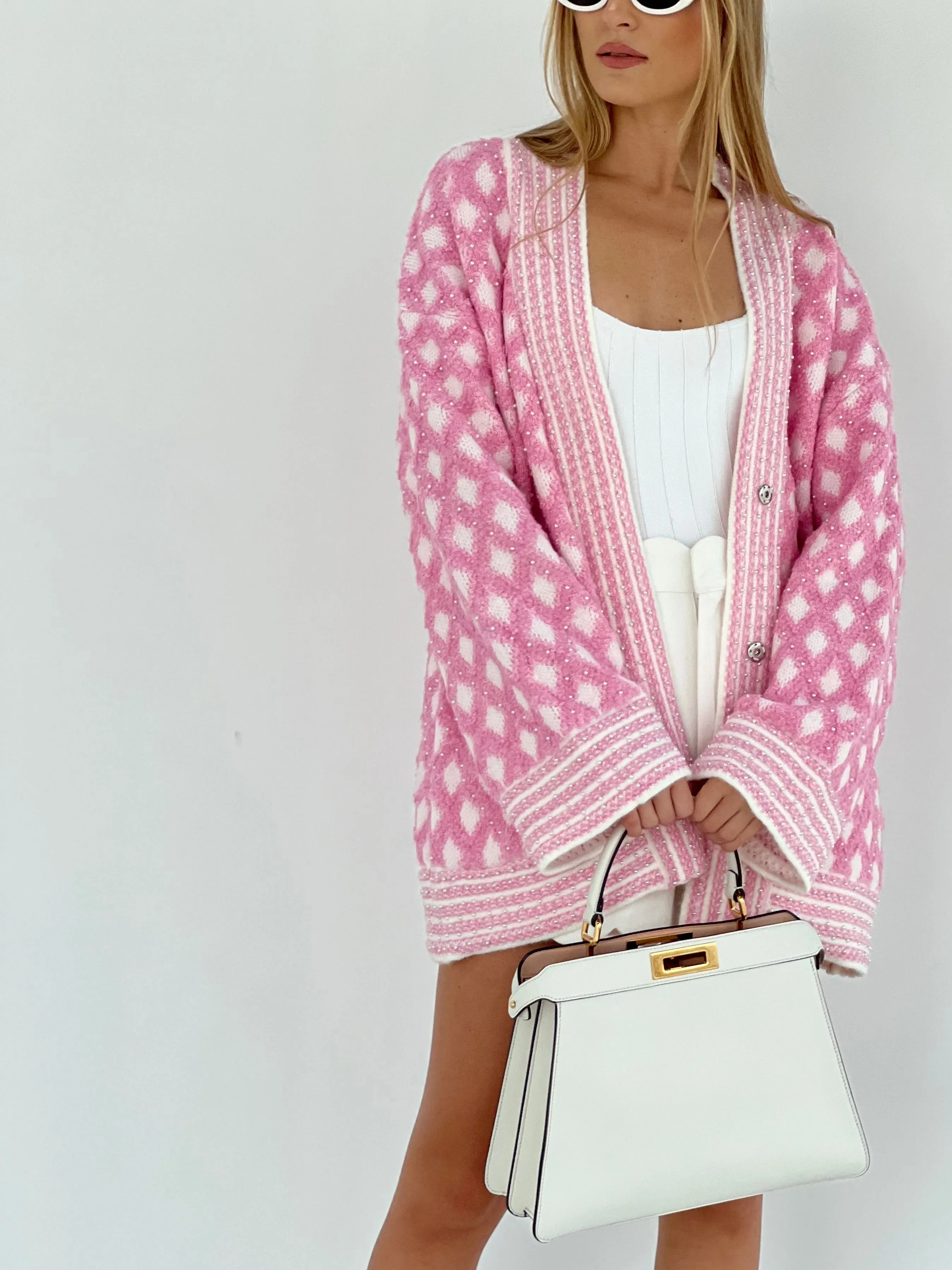 Tarryn Premium Pearl Trim Cardigan | Pink & White