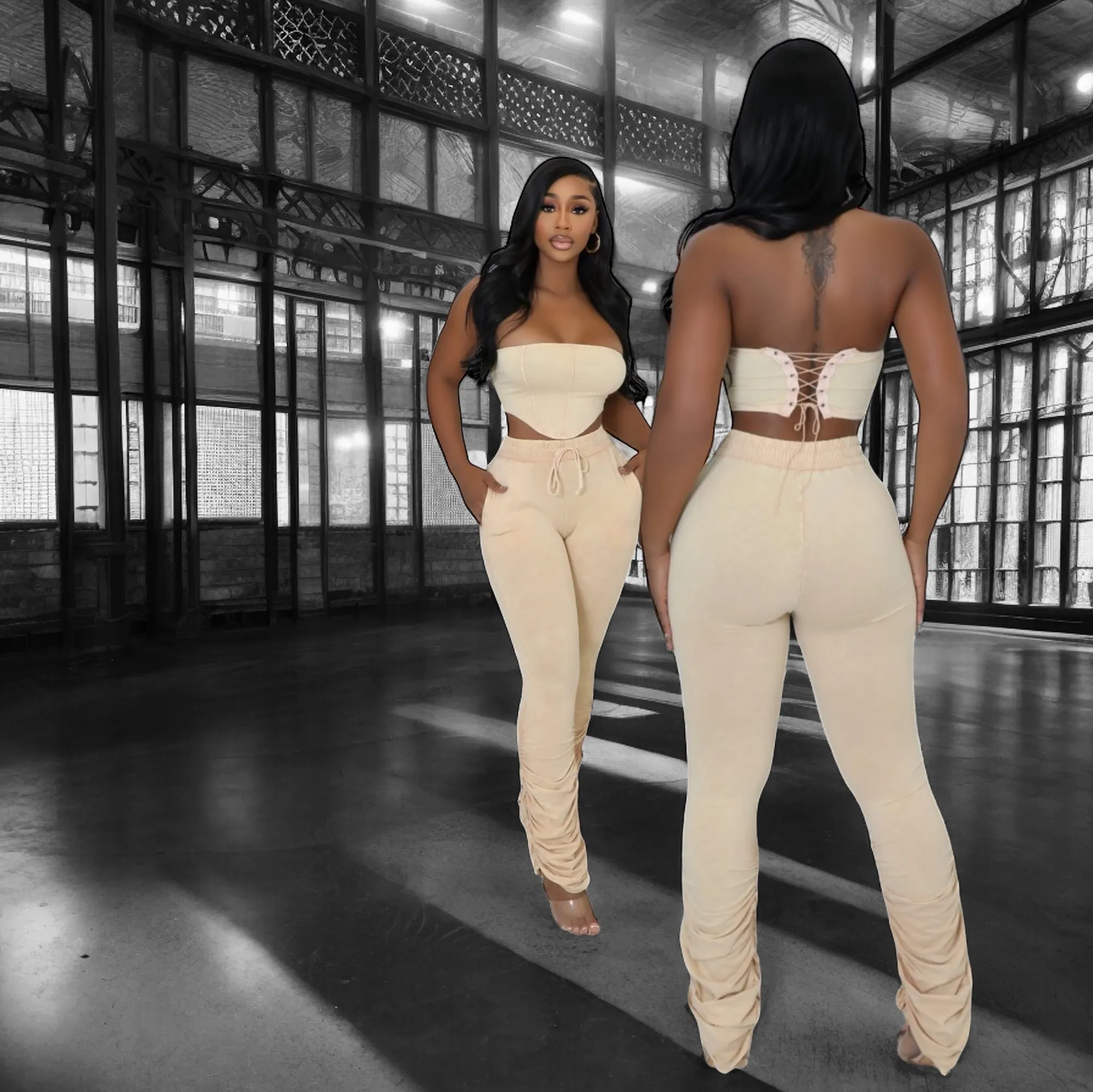 Tube top and layered Pants Set ( cream)